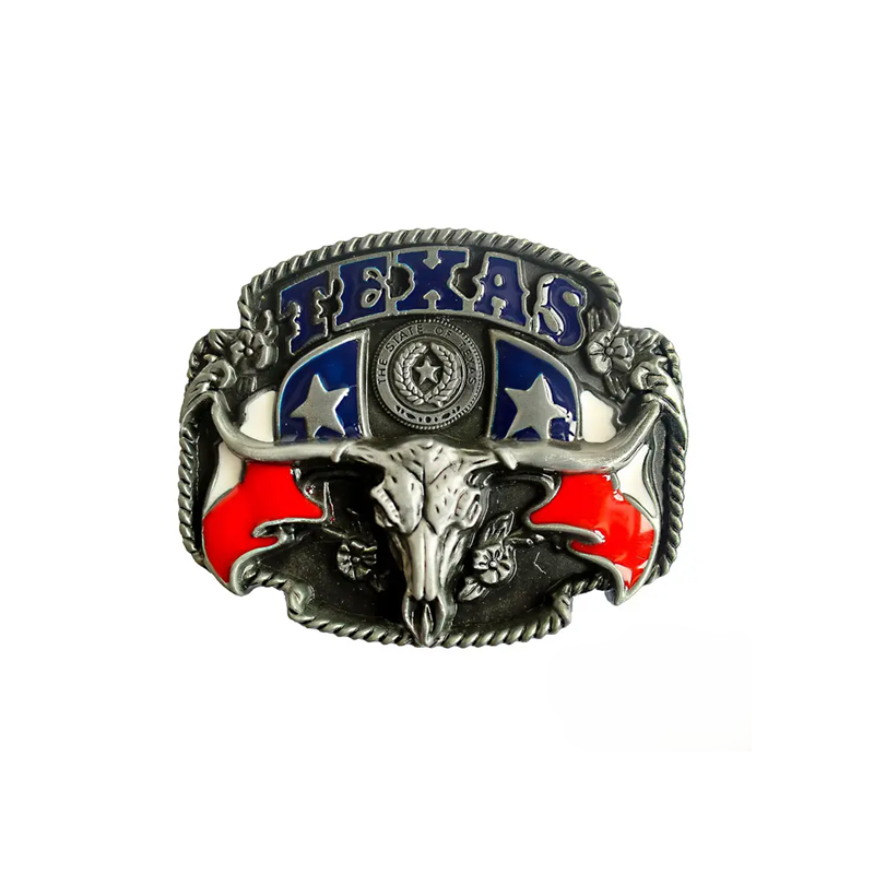 Colorful Texas flag western belt buckle with silver longhorn skull and rope edge