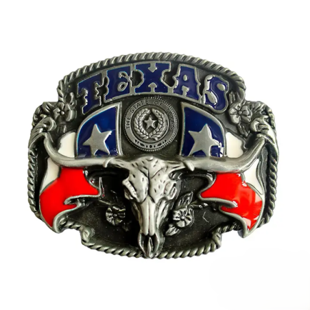 Colorful Texas flag western belt buckle with silver longhorn skull and rope edge