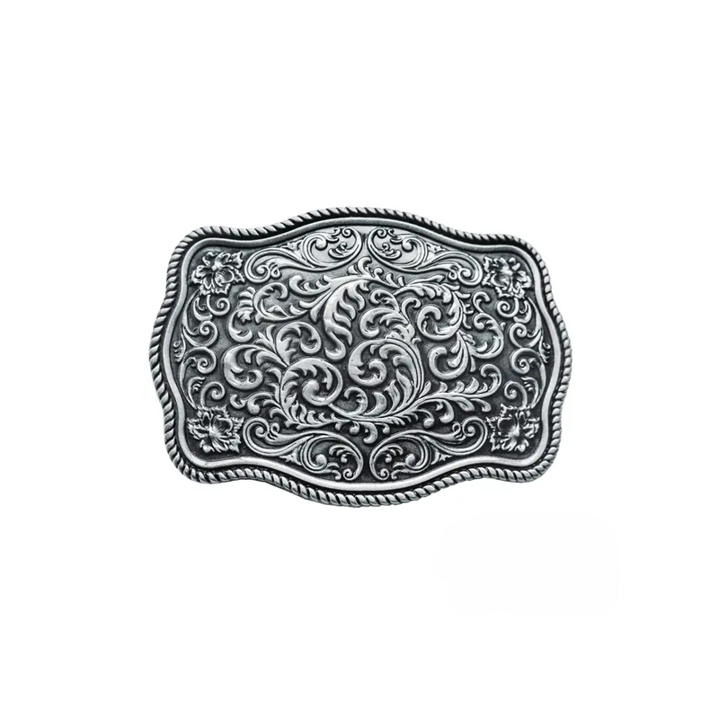 Ornate silver-finish western belt buckle with floral scroll engraving and rope edge
