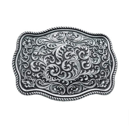 Ornate silver-finish western belt buckle with floral scroll engraving and rope edge