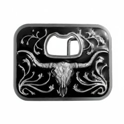 Black enamel western belt buckle with silver longhorn skull and integrated bottle opener