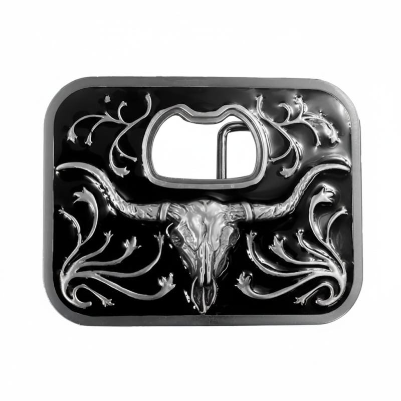 Black enamel western belt buckle with silver longhorn skull and integrated bottle opener
