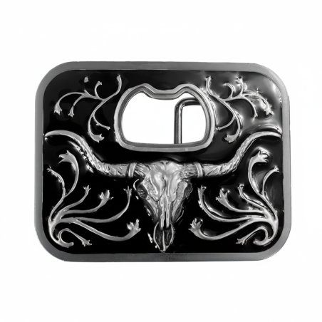 Black enamel western belt buckle with silver longhorn skull and integrated bottle opener