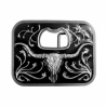 Black enamel western belt buckle with silver longhorn skull and integrated bottle opener