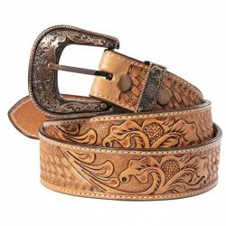 Tooled brown leather western belt with floral and basketweave patterns and ornate silver buckle