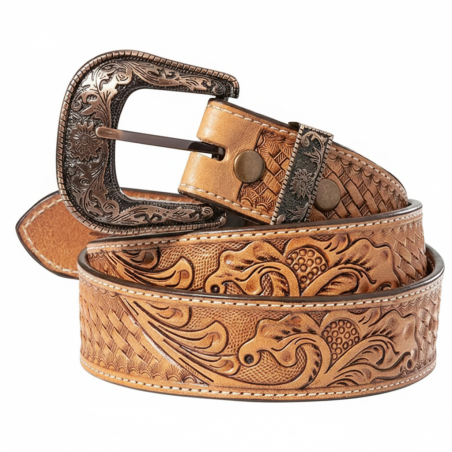 Tooled brown leather western belt with floral and basketweave patterns and ornate silver buckle