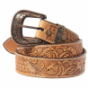 Tooled brown leather western belt with floral and basketweave patterns and ornate silver buckle