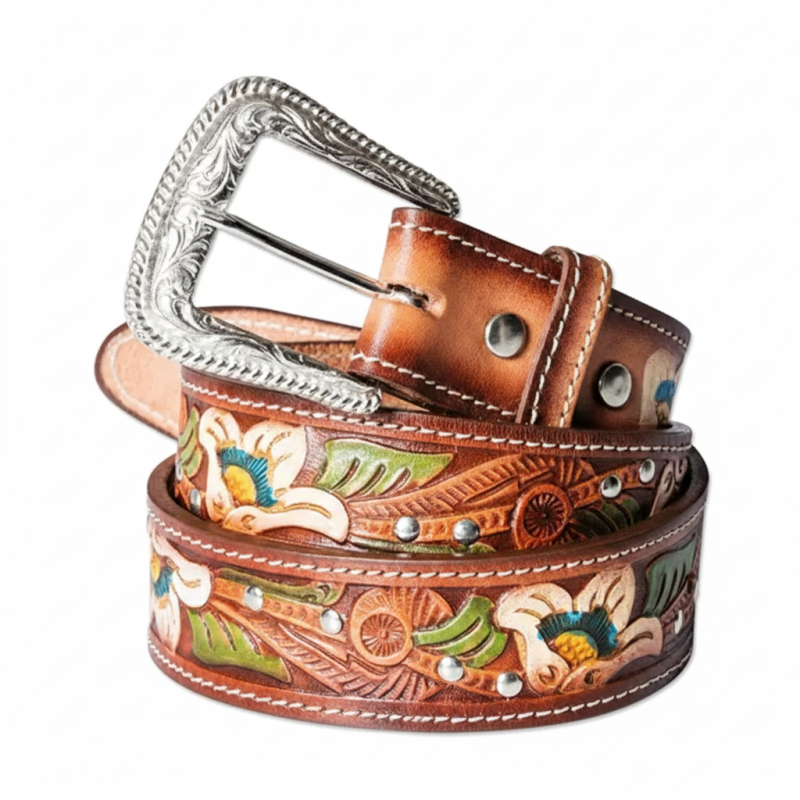 Hand-painted floral tooled leather western belt with green and yellow accents and silver buckle