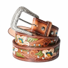 Hand-painted floral tooled leather western belt with green and yellow accents and silver buckle