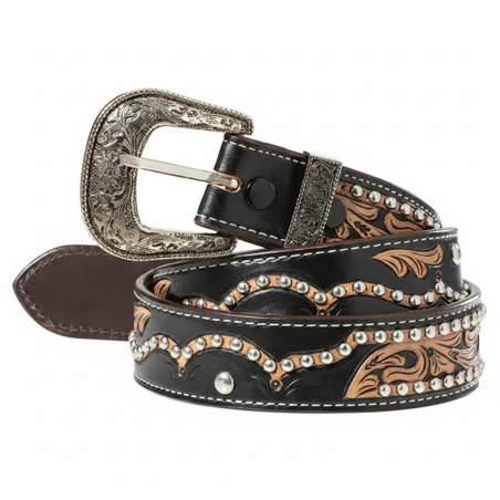 Black leather western belt with silver studs, floral tooling, and white contrast stitching
