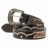 Black leather western belt with silver studs, floral tooling, and white contrast stitching